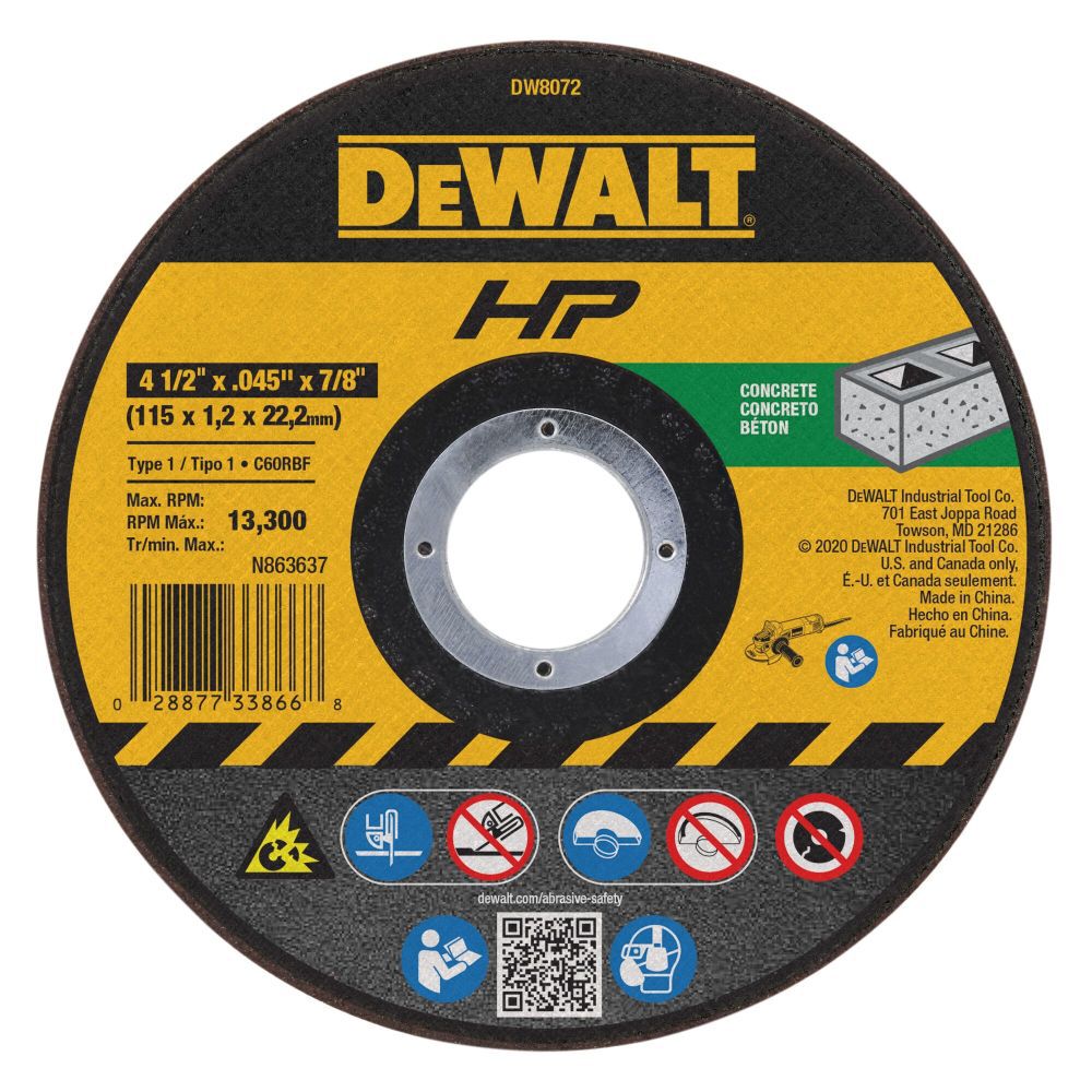 DeWalt DW8072 4-1/2 x.045 x 7/8 HP T1 Concrete Cutting