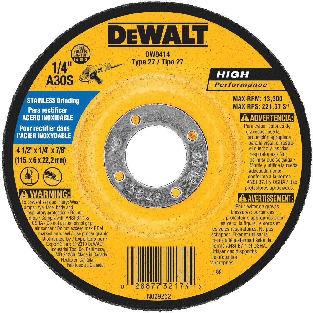 DeWalt DW8414 4-1/2x1/4x7/8IN STAINLESS STL GRIND WHL