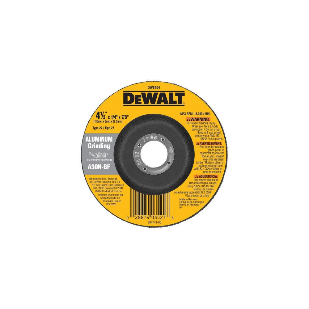 DeWalt DW8404 4-1/2 X 1/4 X7/8IN ALUMINUM GRINDING WHL