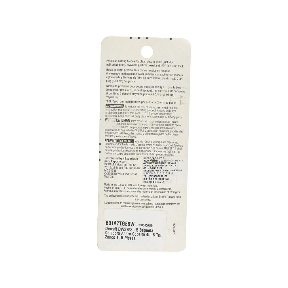 DeWalt DW3753-5 6TPI TG T-SHK COBALT JIG SAW BLD-5PK