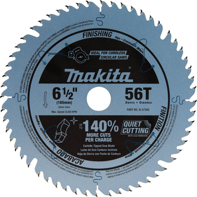 MAKITA B-57342 6-1/2" MAX EFFICIENCY CARBIDE TIPPED PLUNGE SAW BLADE B=20MM 56T TCT