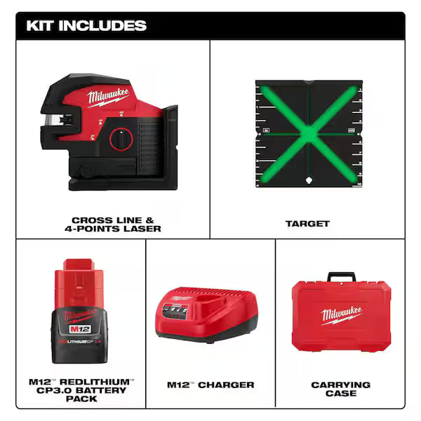 Milwaukee 3624-21 M12™ Green Cross Line & 4-Points Laser Kit