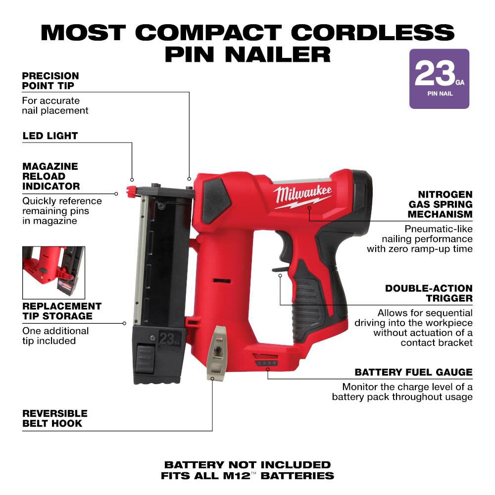 Milwaukee 2540-20 M12™ 23 Gauge Pin Nailer