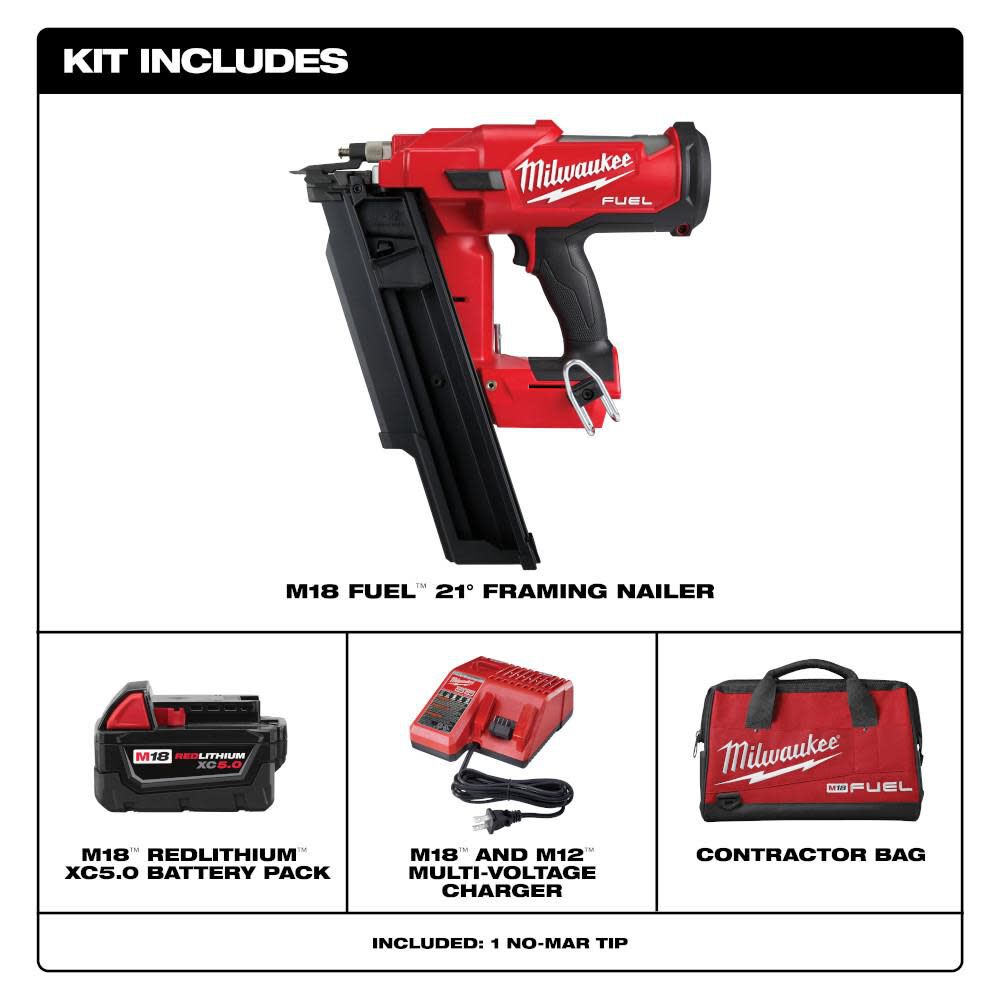 MILWAUKEE 2744-21 M18 FUEL 3-1/2 in. 18-Volt 21? Lithium-Ion Brushless Cordless Framing Nailer Kit with 5.0 Ah Battery, Charger, Bag