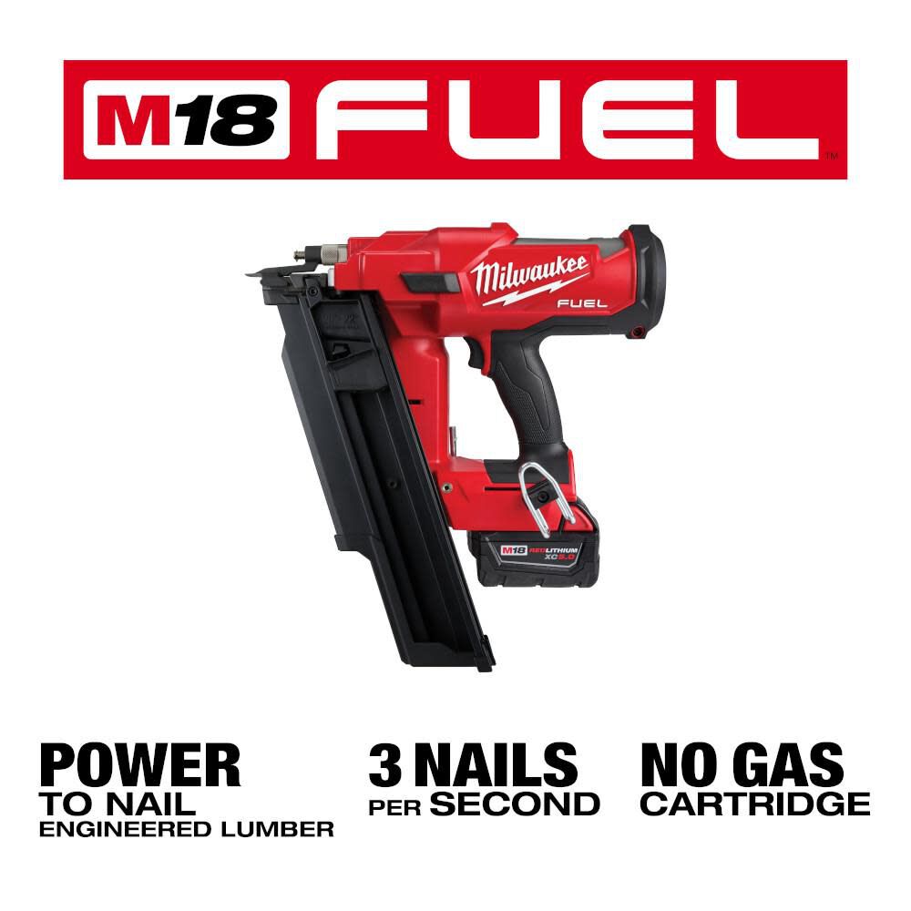 MILWAUKEE 2744-21 M18 FUEL 3-1/2 in. 18-Volt 21? Lithium-Ion Brushless Cordless Framing Nailer Kit with 5.0 Ah Battery, Charger, Bag