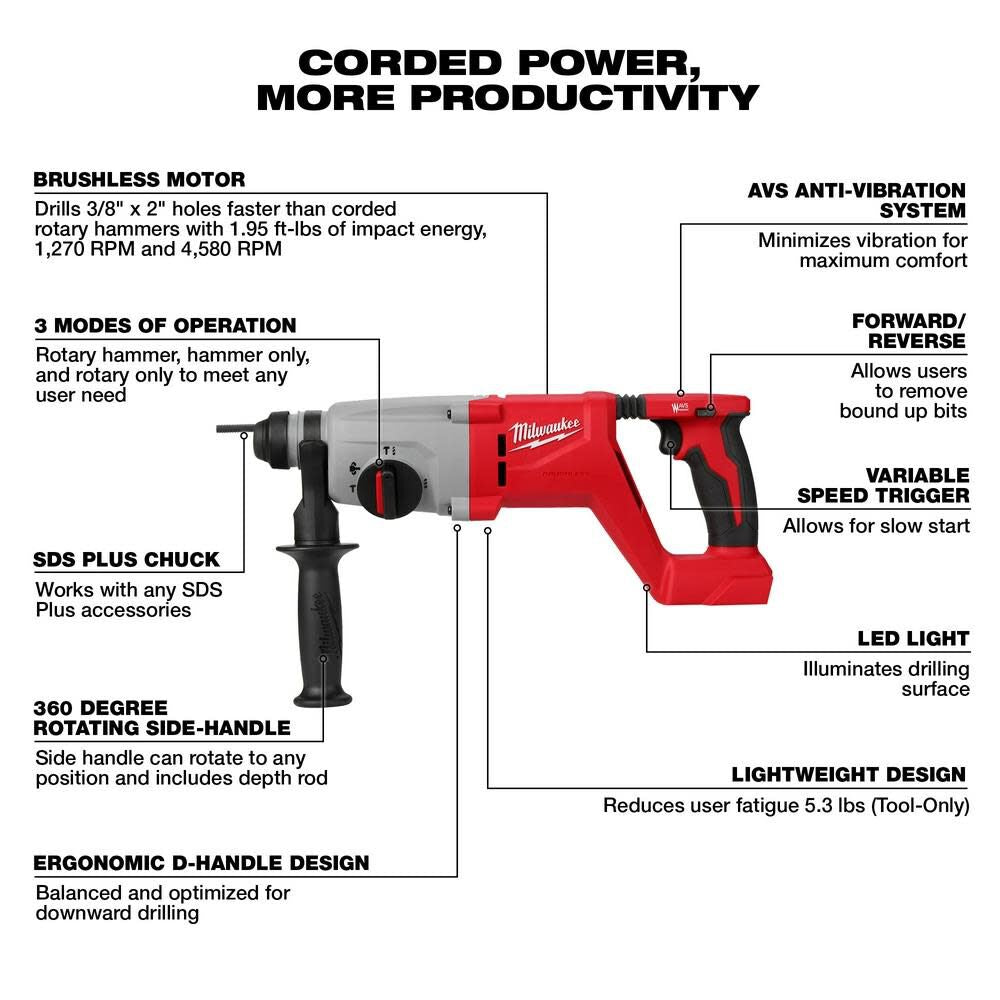 Milwaukee 2613-20 M18™ Brushless 1” SDS Plus D-Handle Rotary Hammer