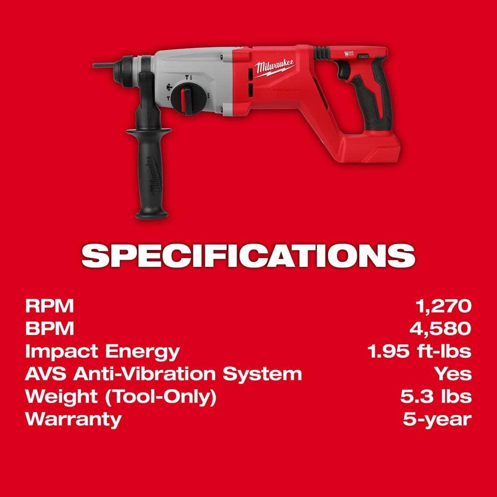 Milwaukee 2613-20 M18™ Brushless 1” SDS Plus D-Handle Rotary Hammer