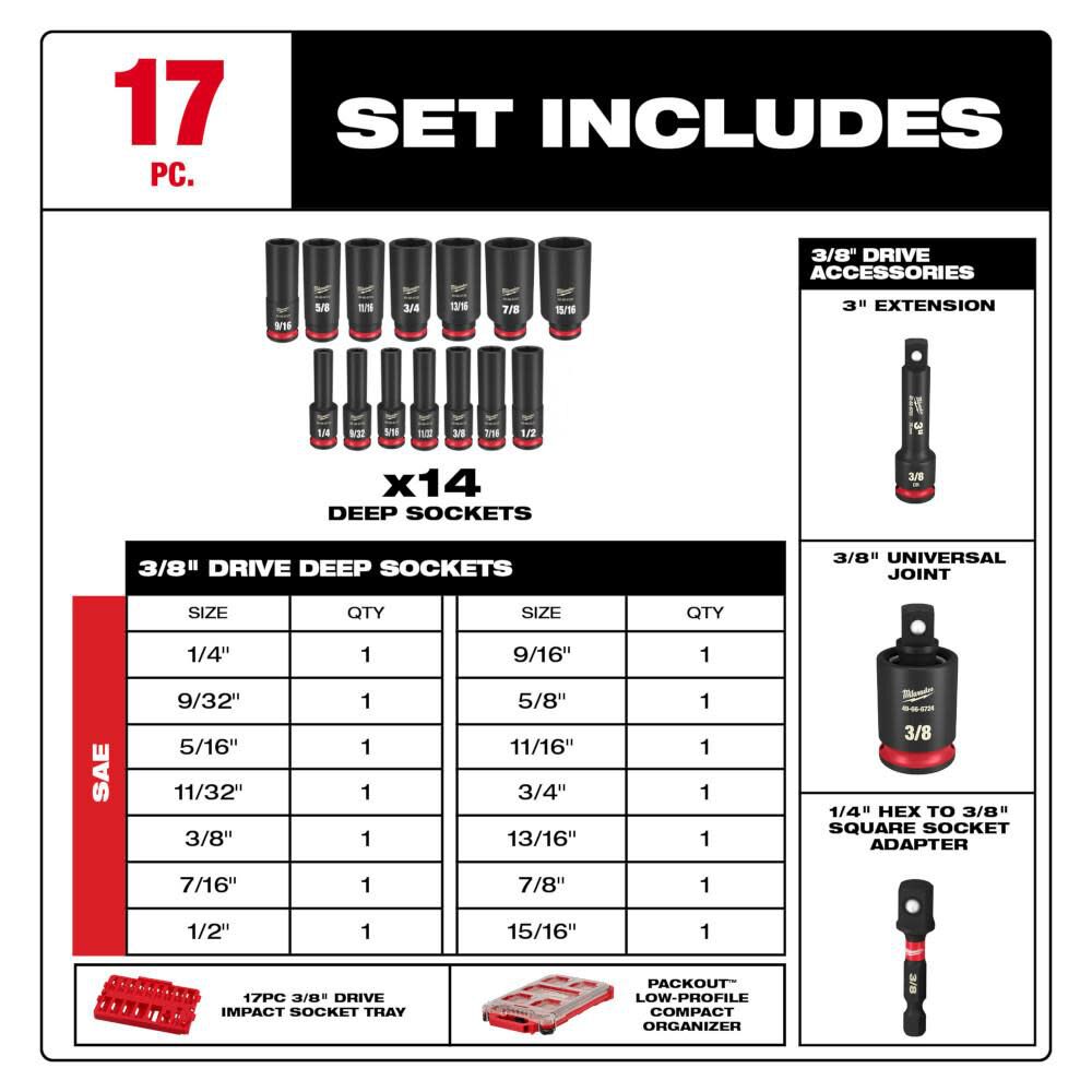 MILWAUKEE 49-66-6800 3/8 DRIVE 17PC SAE PACKOUT IMPACT SOCKET SET