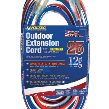 VOL-05-00157-US 25ft x 12/3 SJTW Red/White &amp; Blue Ext Cord w/Lighted End, MADE IN THE USA. VOL-NEMA 5-15.